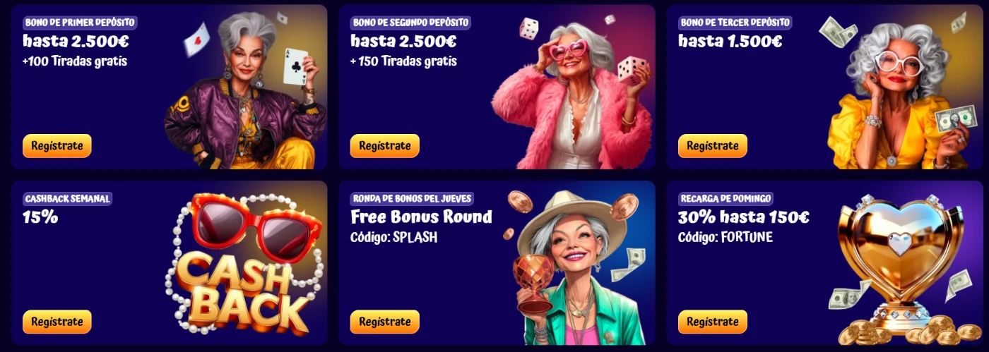 Bonos y promociones de SpinGranny Casino con recompensas por primer, segundo y tercer depósito, cashback semanal, ronda de bonos y recarga del domingo
