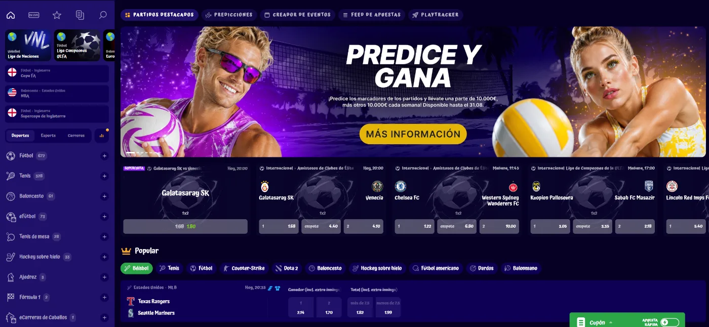 Sección de apuestas deportivas de SpinGranny Casino con fútbol, tenis, baloncesto, esports y otros eventos, cuotas y partidos destacados